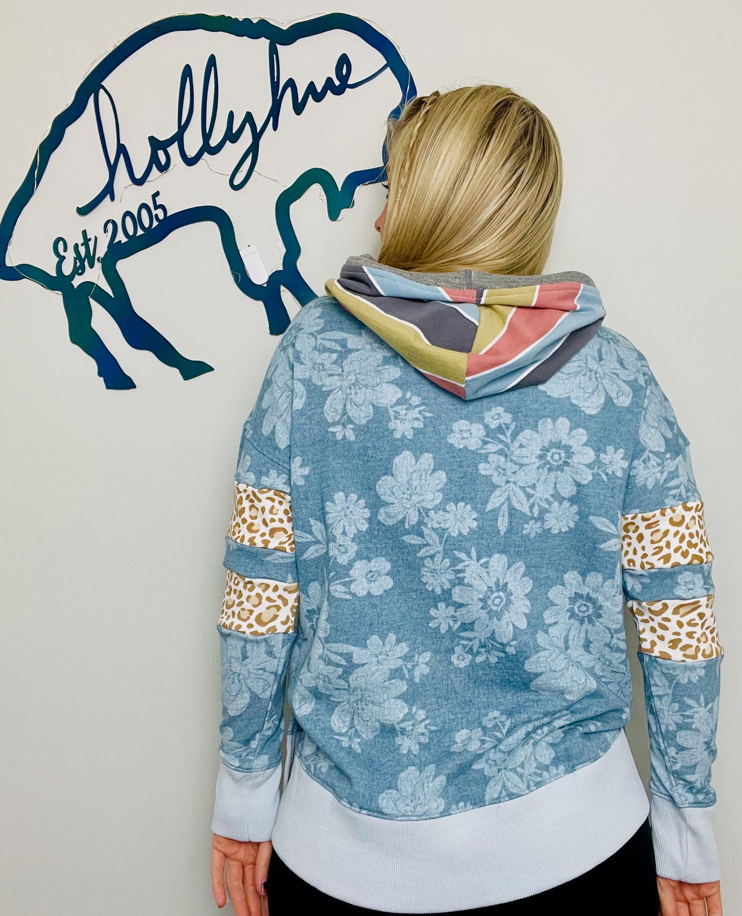 Blue Denim Floral Throwback Buffalo Hoodie Size- Women's M/L