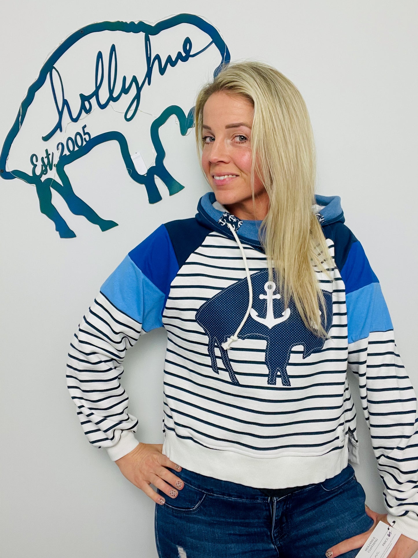 Striped Nautical Buffalo Crop Hoodie Size- Women's M/L
