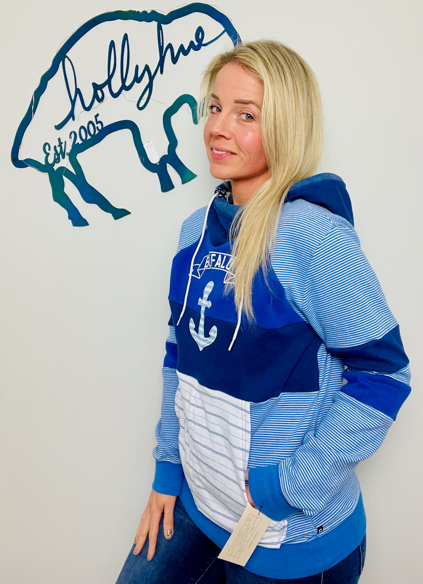 Blue Nautical Striped Buffalo Hoodie Size- Women's M/L