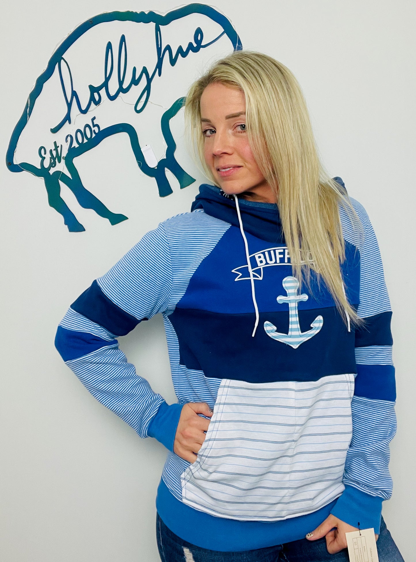 Blue Nautical Striped Buffalo Hoodie Size- Women's M/L