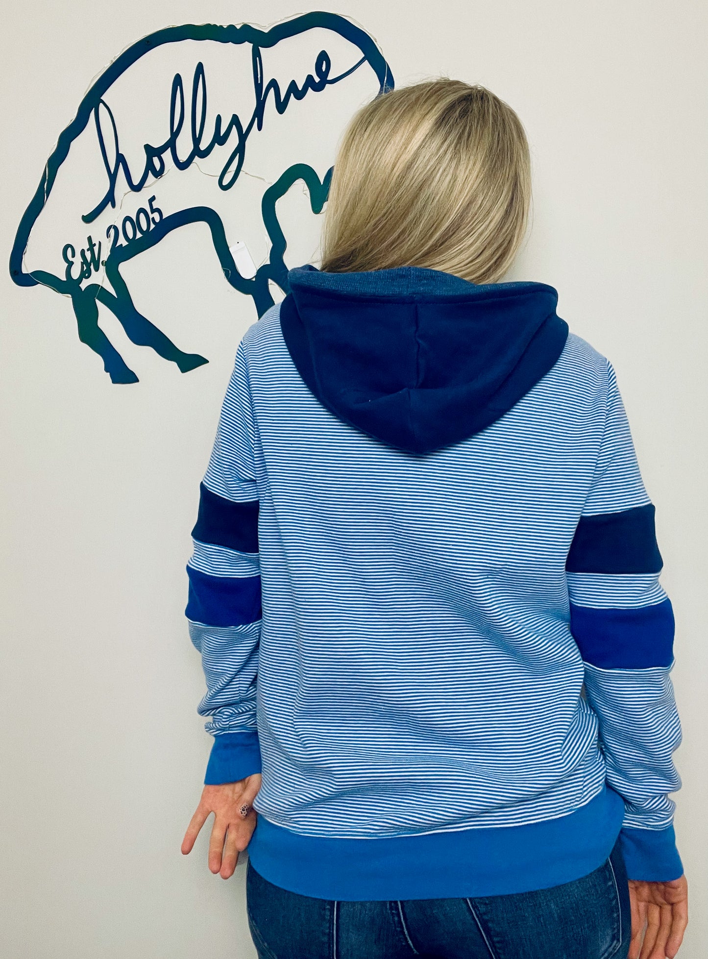 Blue Nautical Striped Buffalo Hoodie Size- Women's M/L