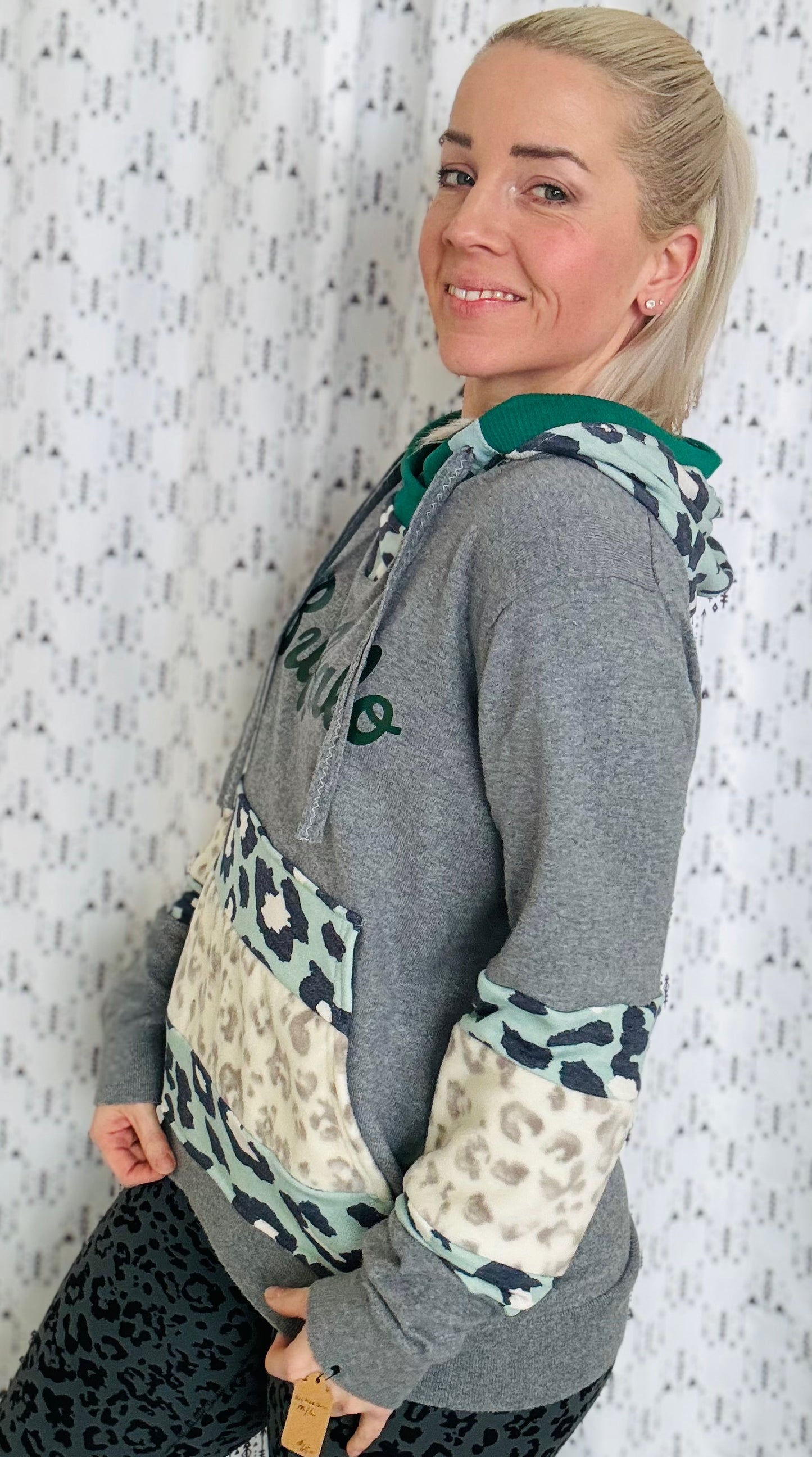Grey With Green Leopard Buffalo Hoodie Size- Women's M/L