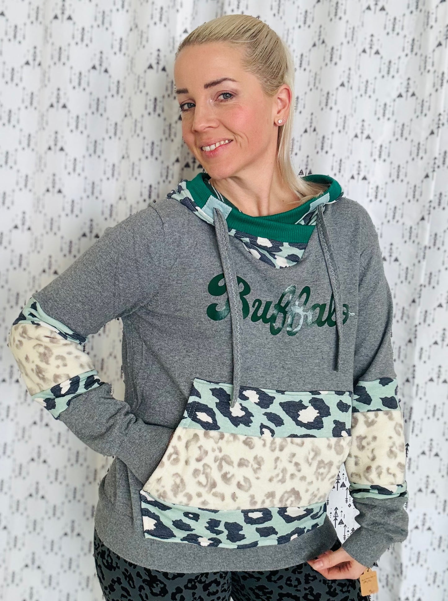 Grey With Green Leopard Buffalo Hoodie Size- Women's M/L