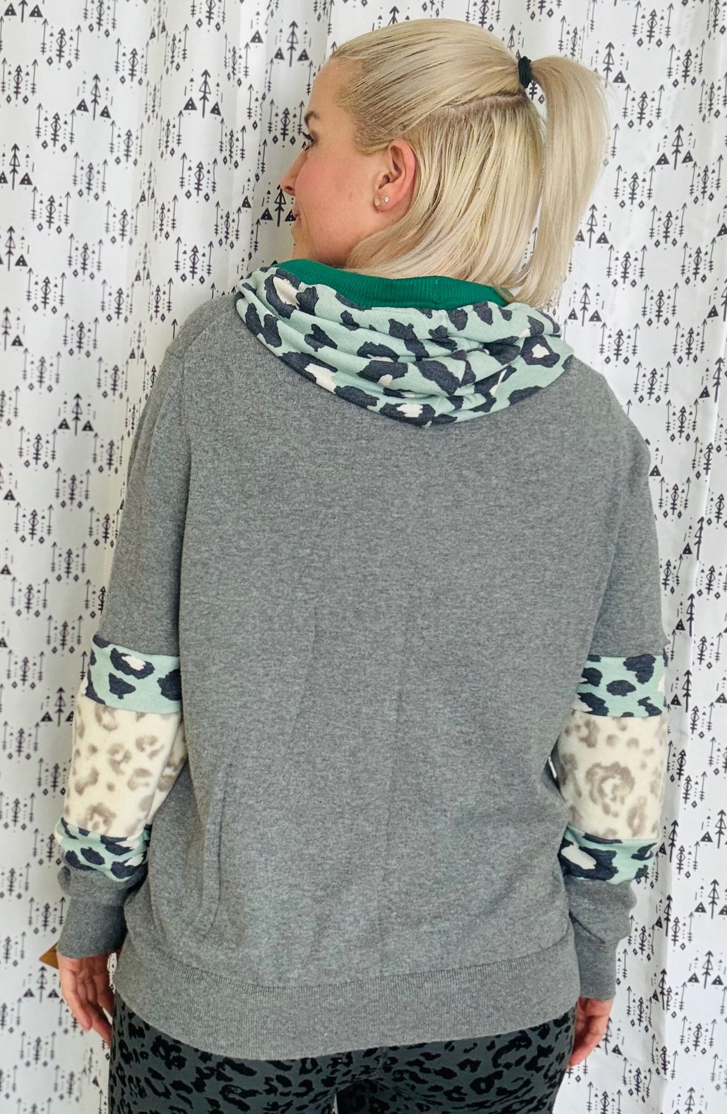 Grey With Green Leopard Buffalo Hoodie Size- Women's M/L