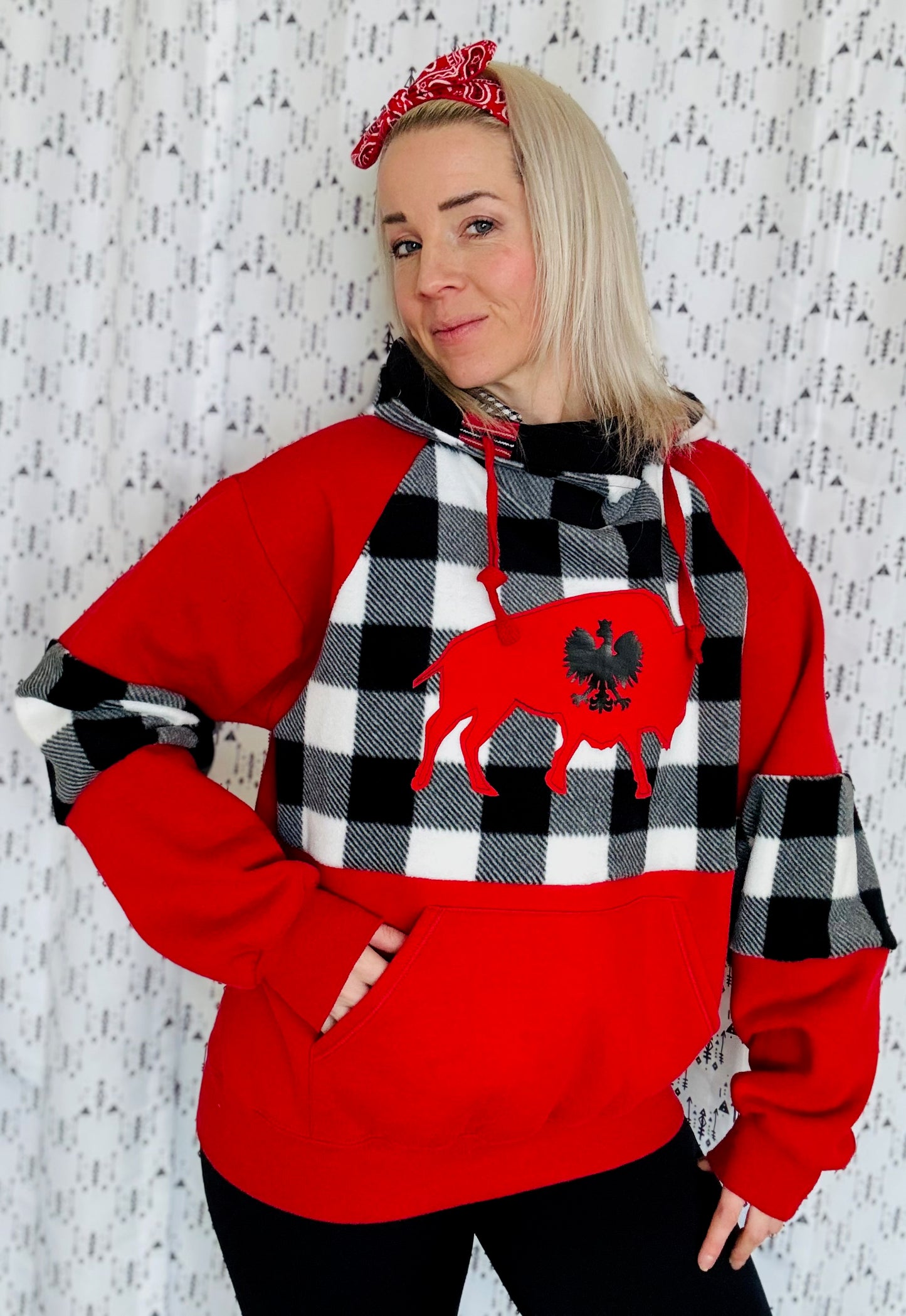 Red Buffalo Check Polish Hoodie Size- Unisex M/L