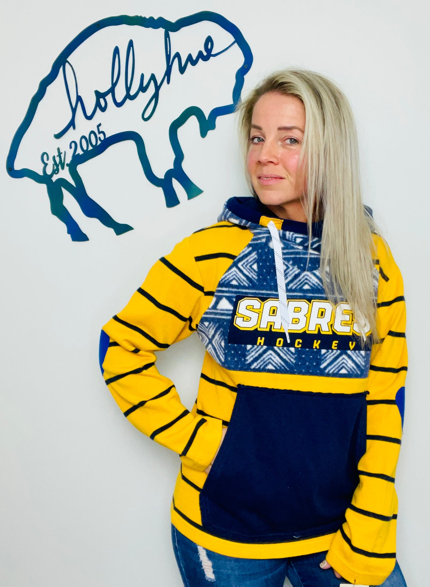 Yellow Striped Buffalo Hockey Hoodie Size- Unisex S/M