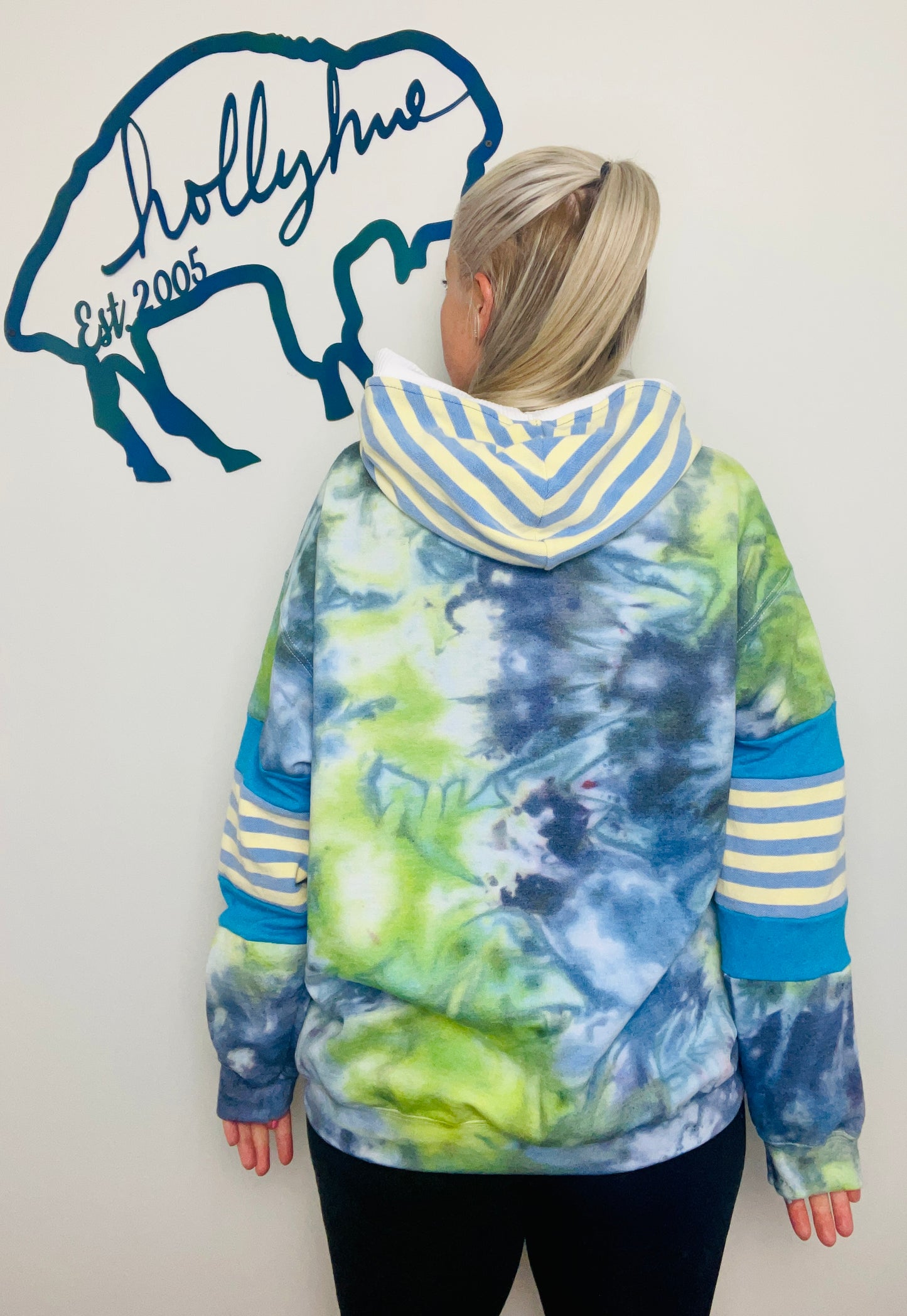 Navy and Green Tie Dye Buffalo Hoodie Size- Unisex L/XL