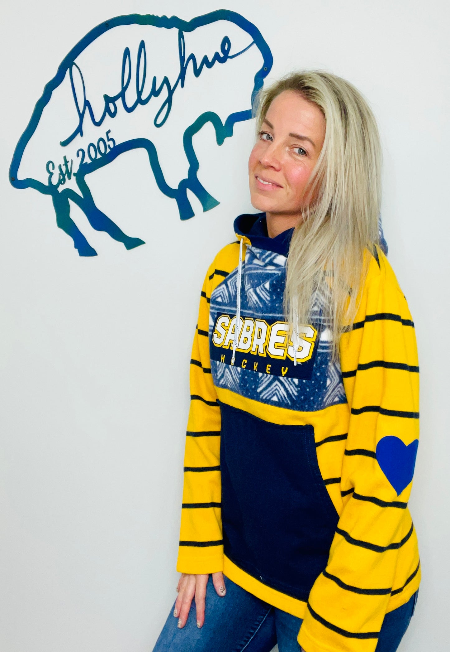 Yellow Striped Buffalo Hockey Hoodie Size- Unisex S/M
