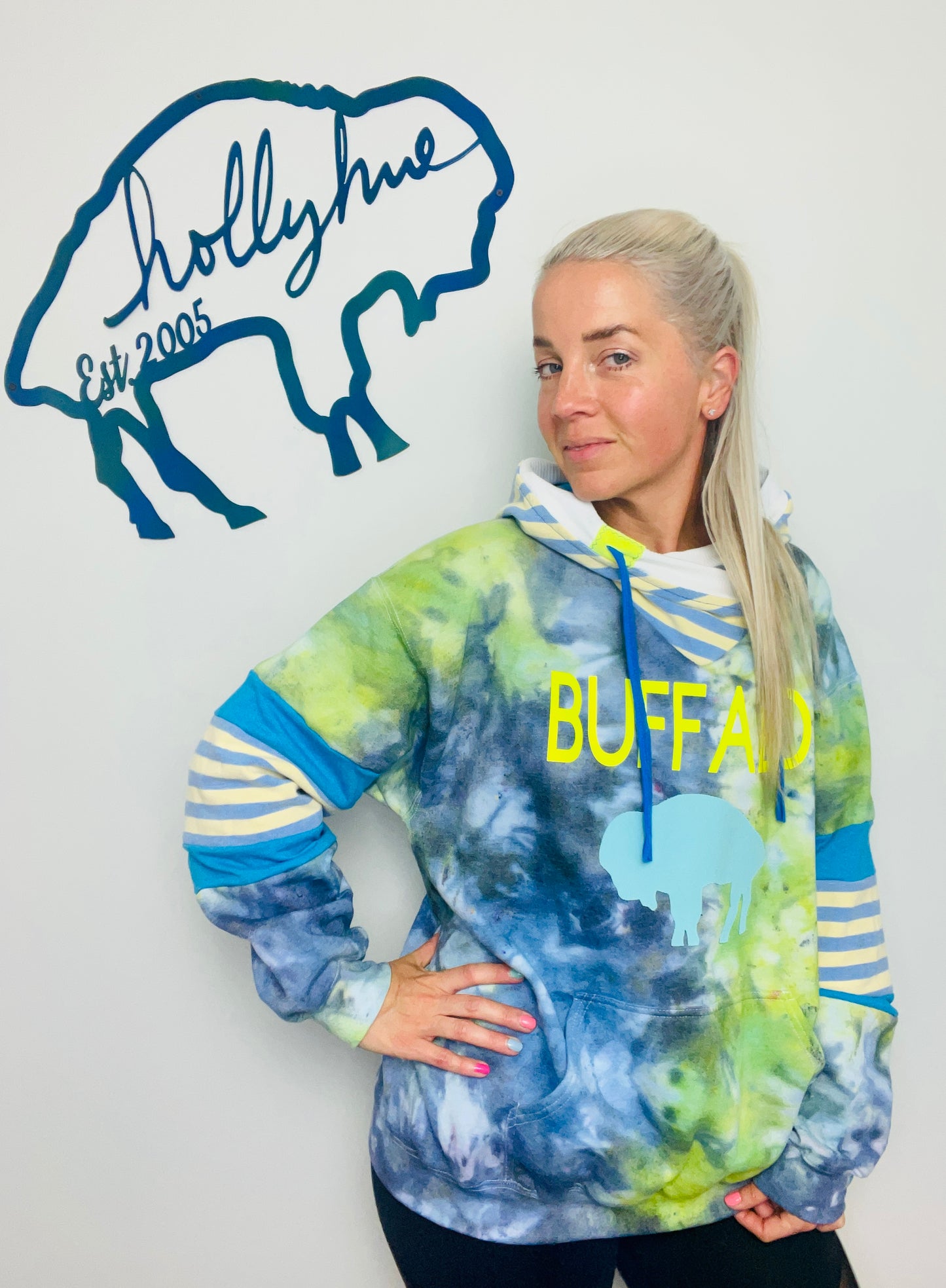 Navy and Green Tie Dye Buffalo Hoodie Size- Unisex L/XL