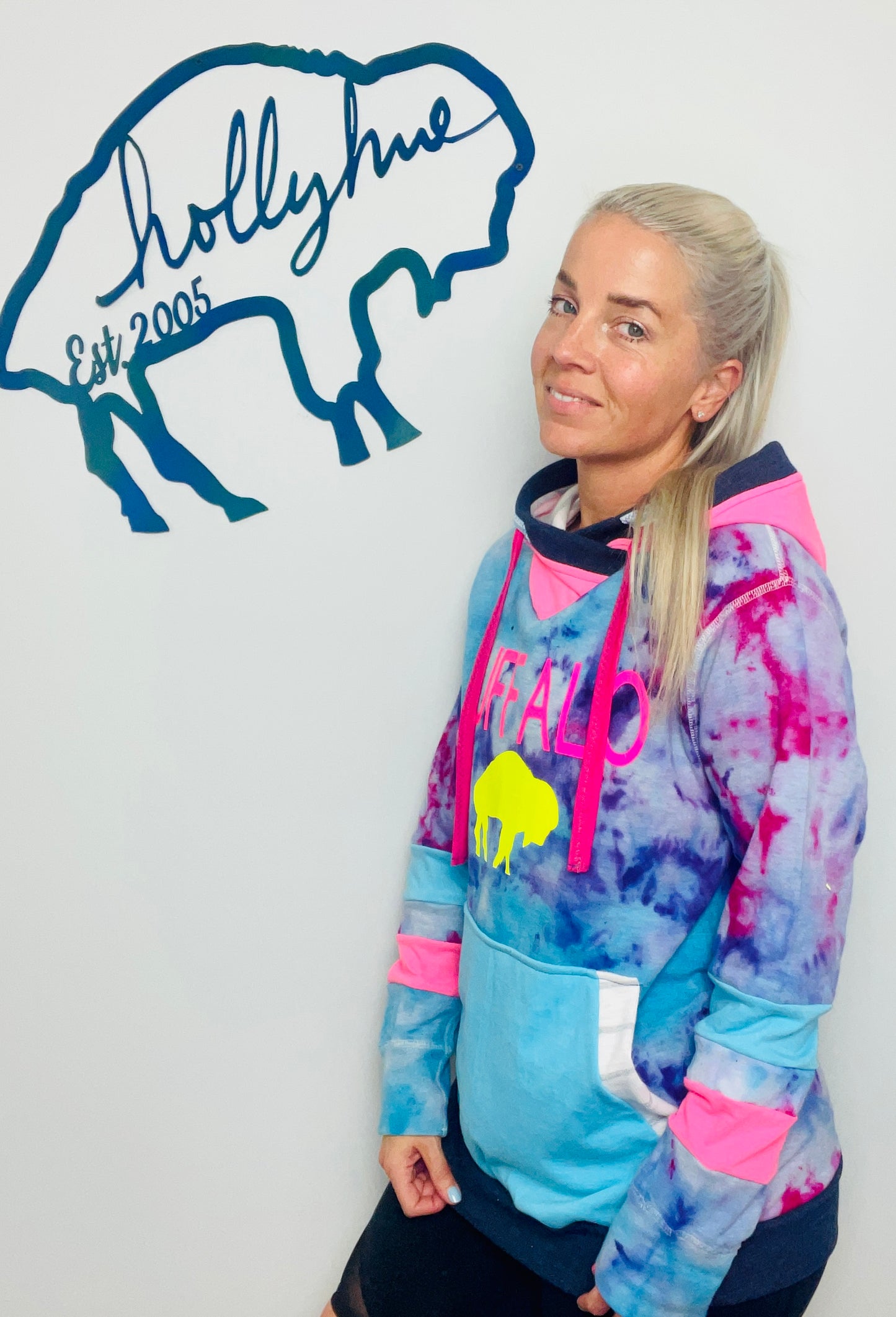 Neon Pink and Blue Buffalo Tie Dye Hoodie Size- Unisex S/M