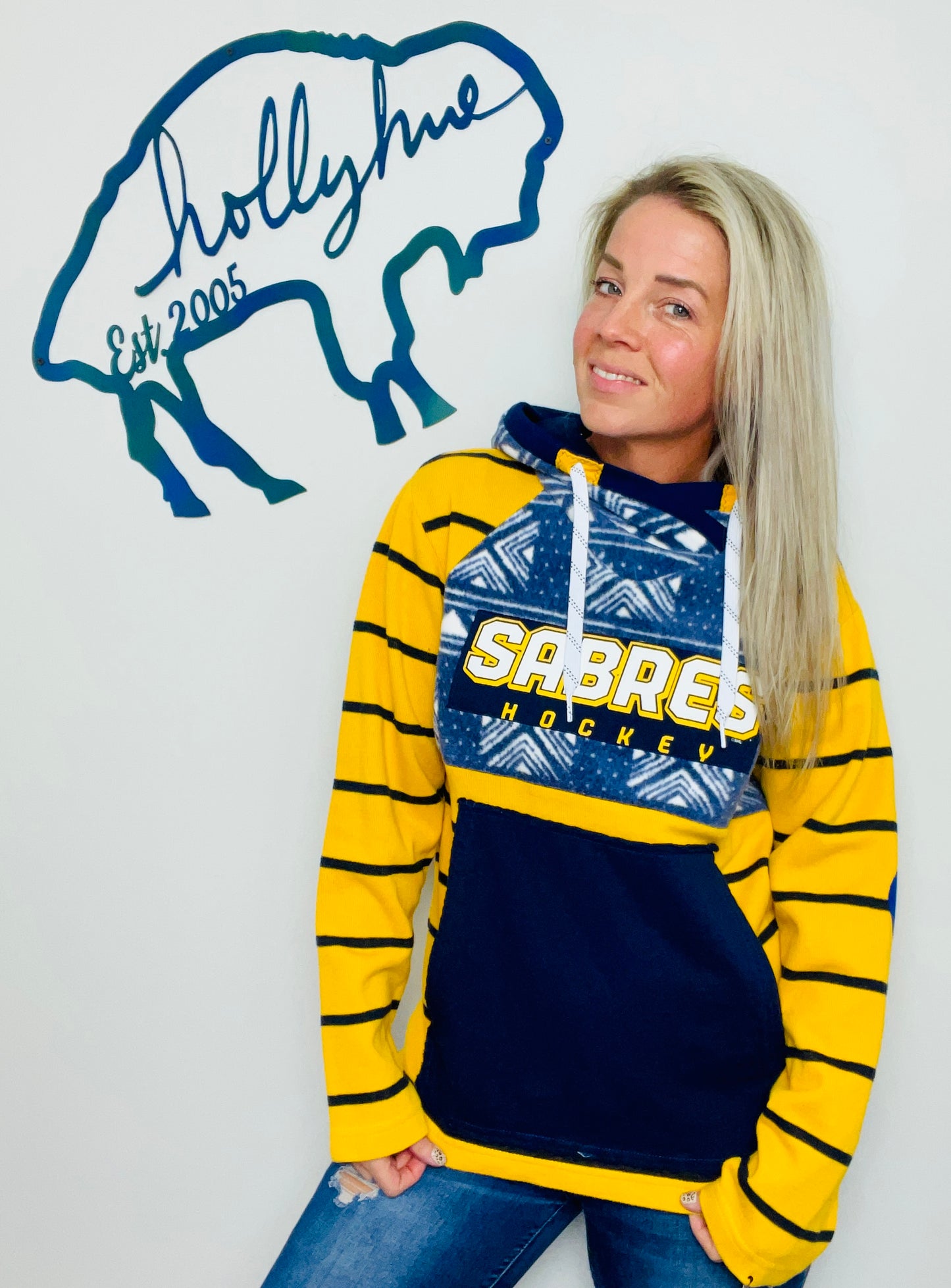 Yellow Striped Buffalo Hockey Hoodie Size- Unisex S/M