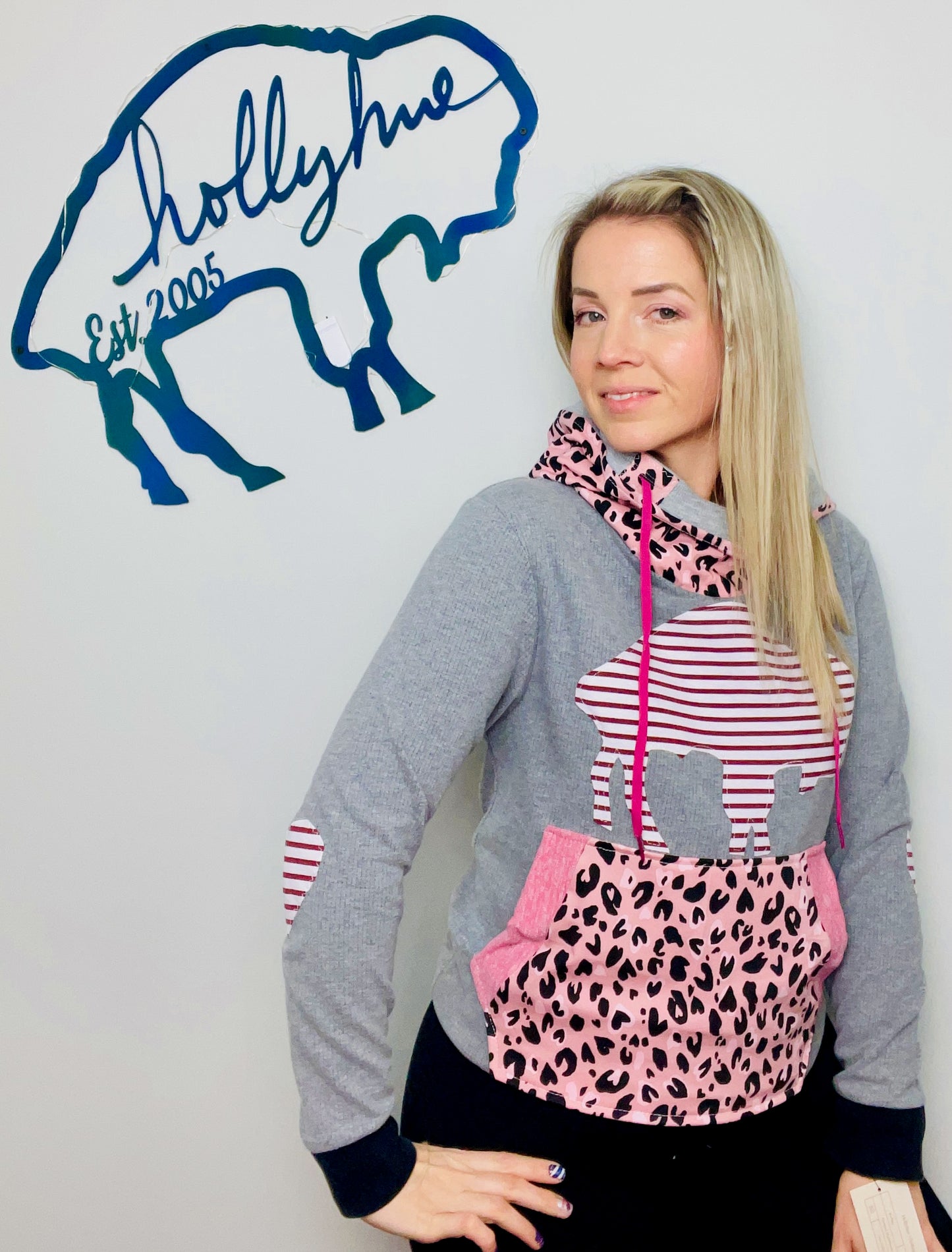 Grey and Pink Buffalo Cropped Hoodie Size- Women's S/M