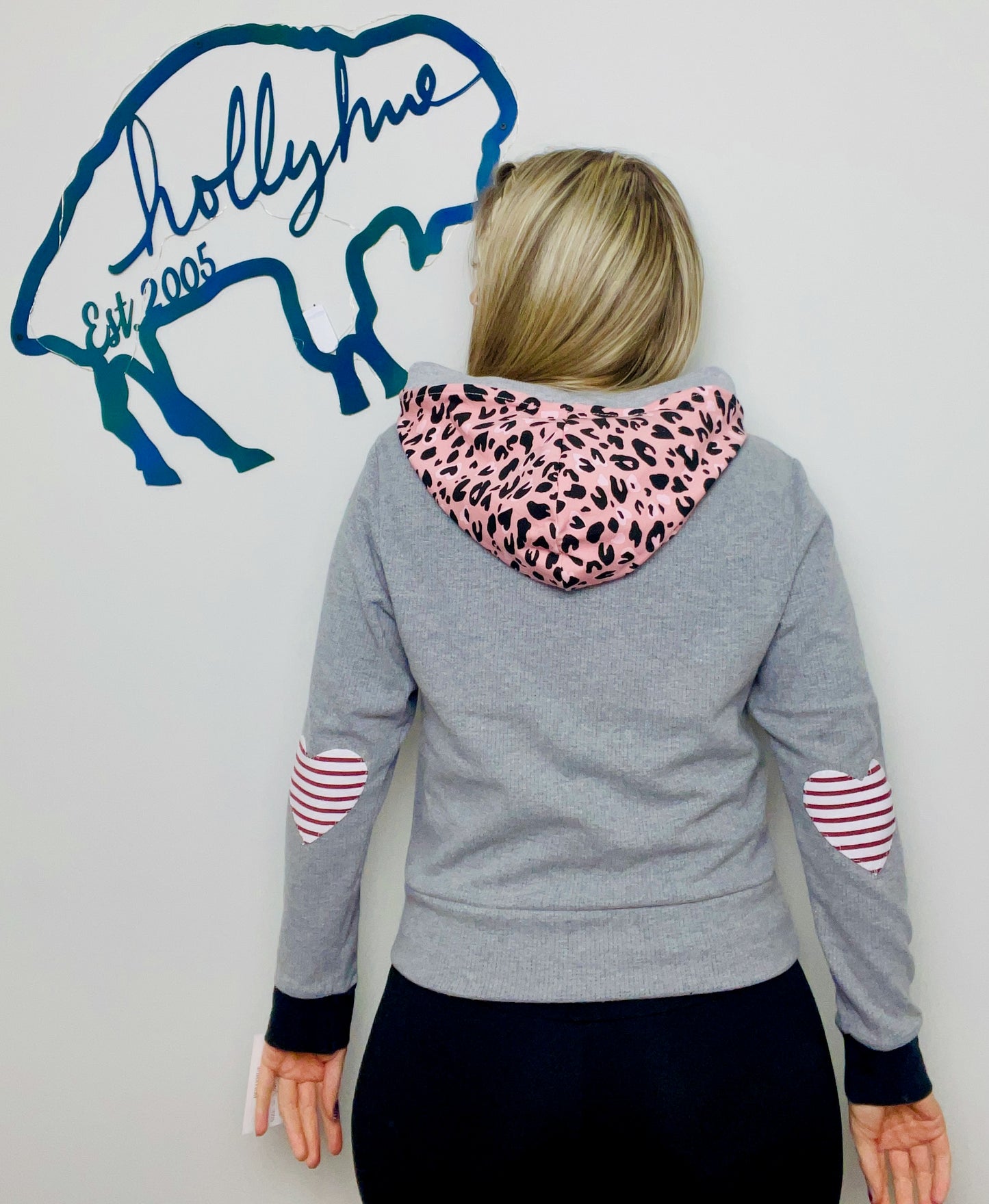 Grey and Pink Buffalo Cropped Hoodie Size- Women's S/M