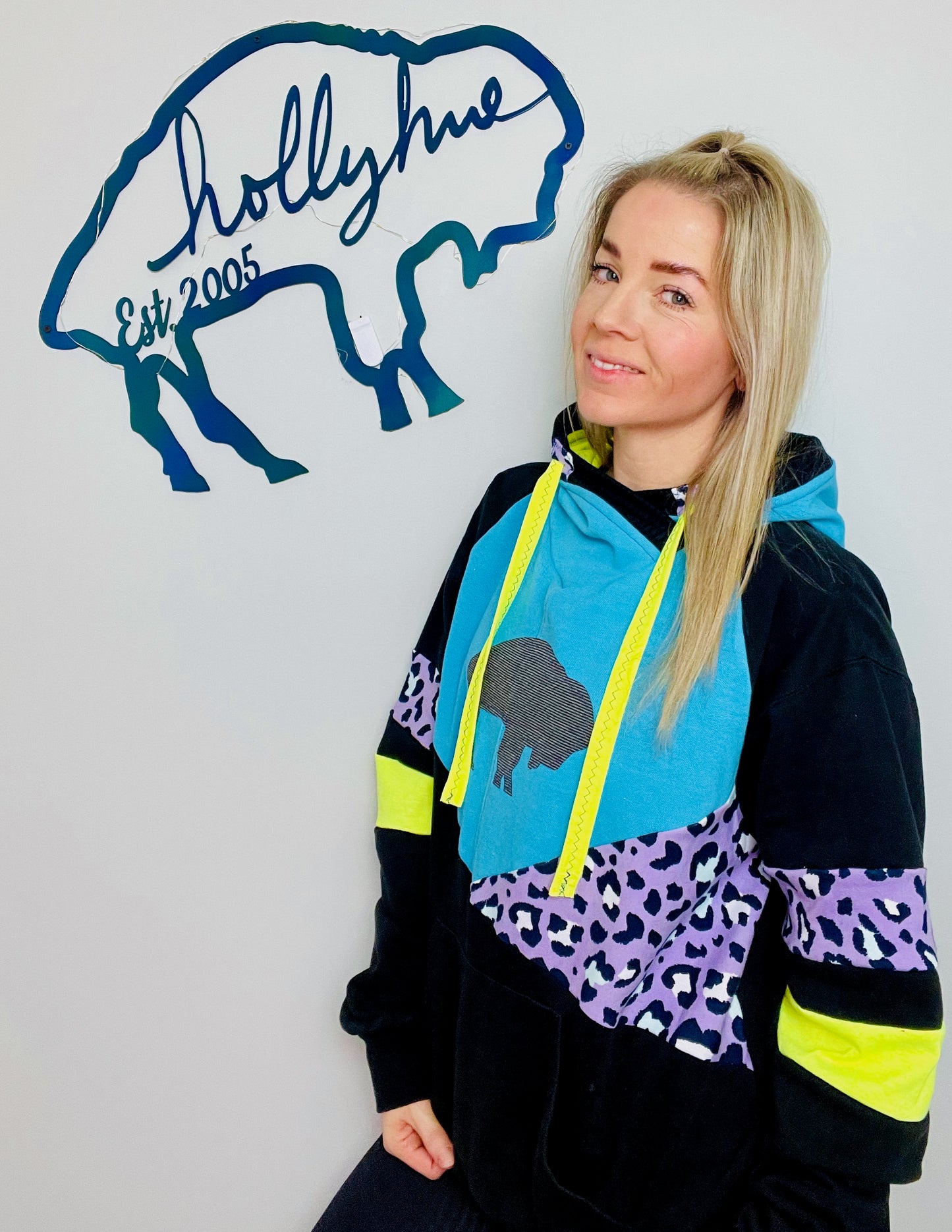 80's Black and Neon Buffalo Hoodie Size- Unisex M/L