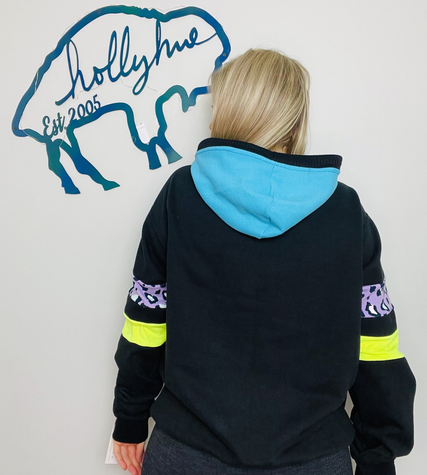 80's Black and Neon Buffalo Hoodie Size- Unisex M/L