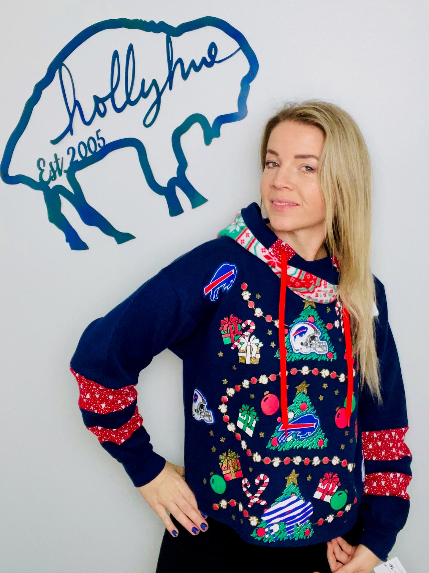 Dark Blue 80's Holiday Buffalo Crop Hoodie Size- Women's L/XL