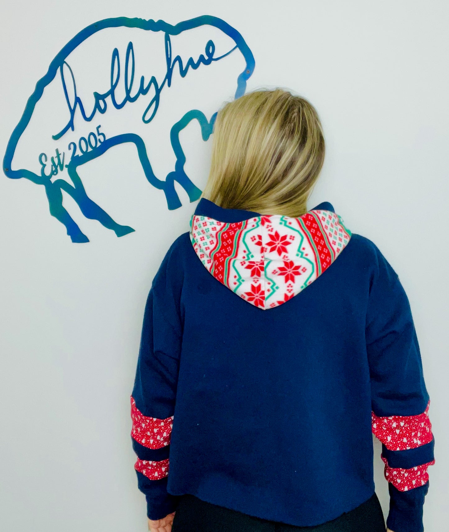 Dark Blue 80's Holiday Buffalo Crop Hoodie Size- Women's L/XL