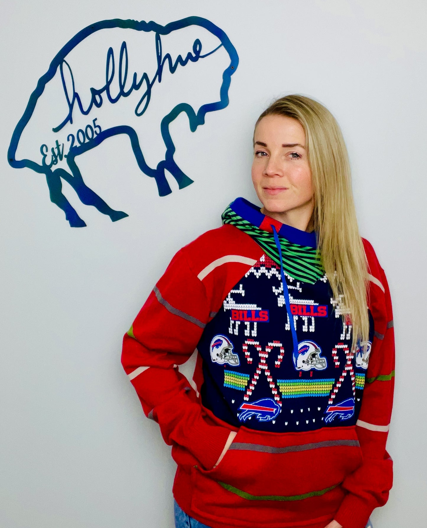 Red Striped Ugly Sweater Buffalo Hoodie Size- Unisex S/M