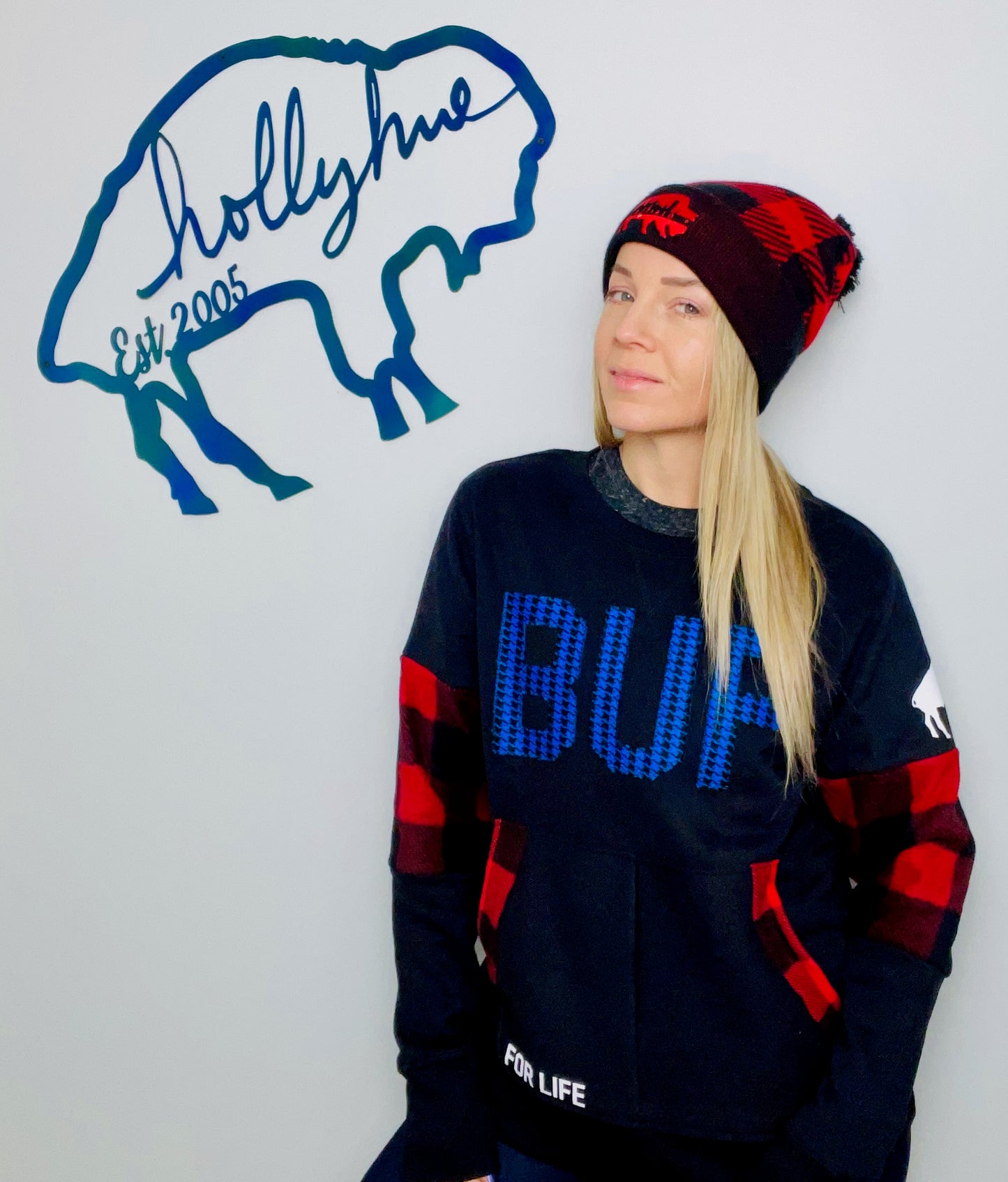 Black With Red Buffalo Plaid Crewneck Size- Women's M/L