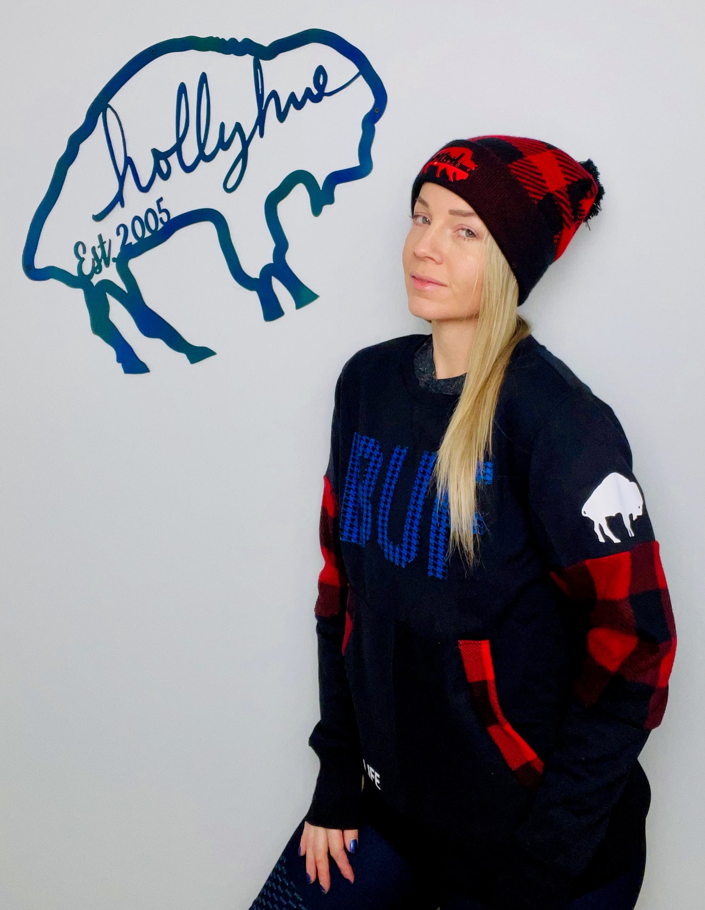 Black With Red Buffalo Plaid Crewneck Size- Women's M/L