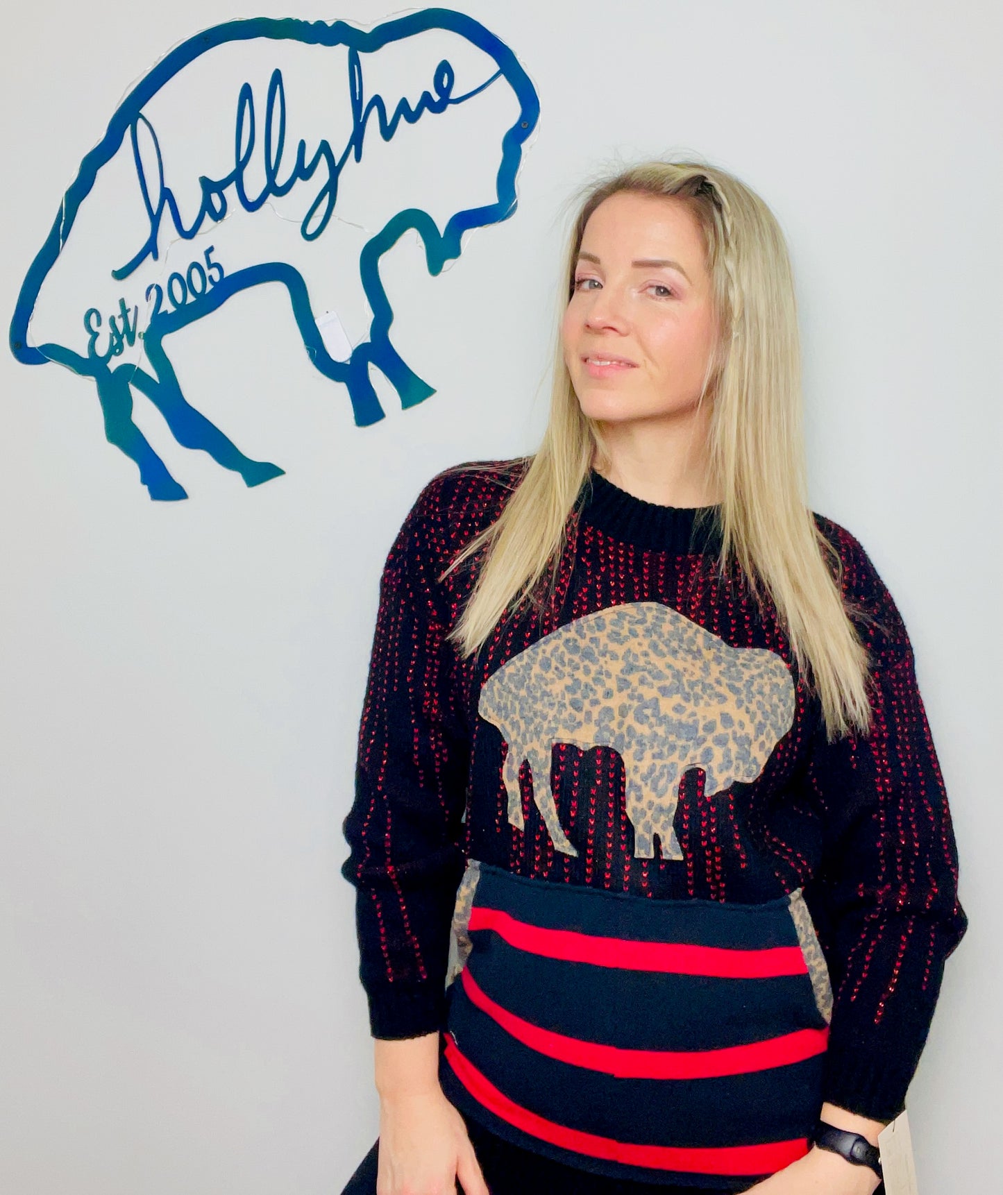 Black Heart and Buffalo Leopard Crewneck Sweater Size- Women's M/L