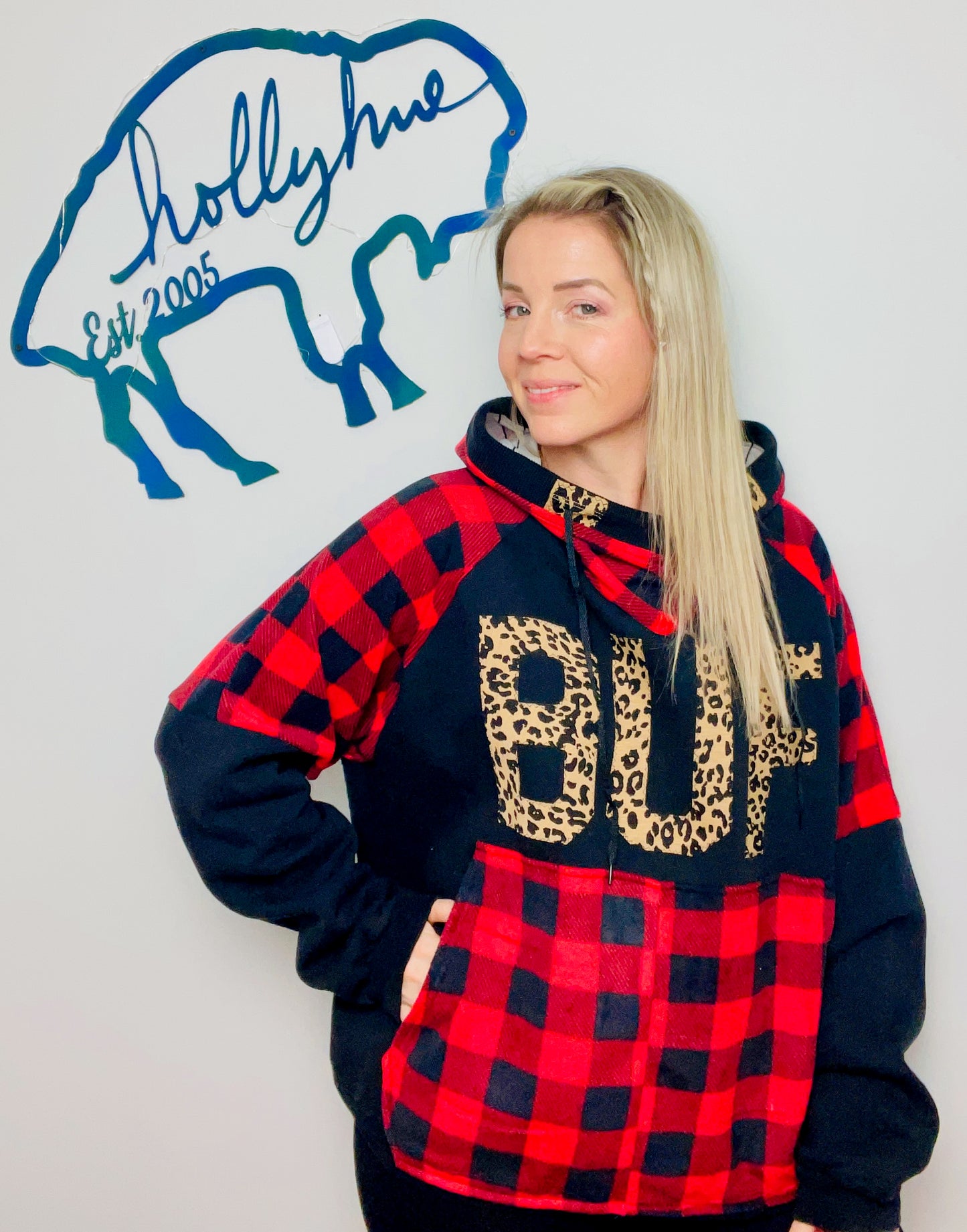 Black Buffalo Plaid and Leopard Hoodie Size- Women's XL/2X