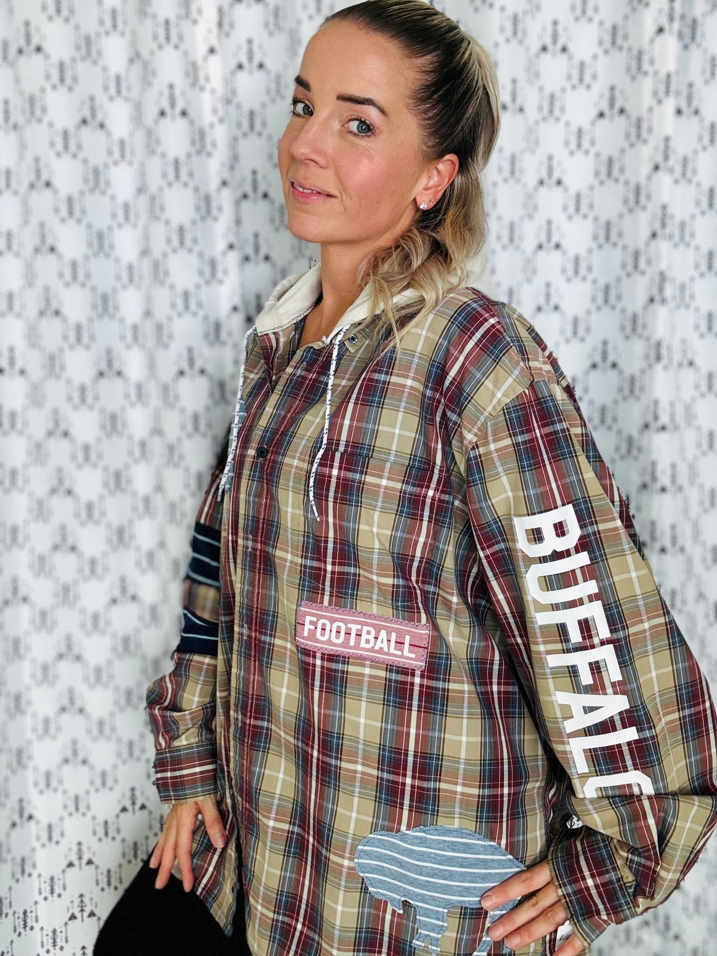 Cream Plaid Hooded Buffalo Football Button Down Size- Unisex XL/2X