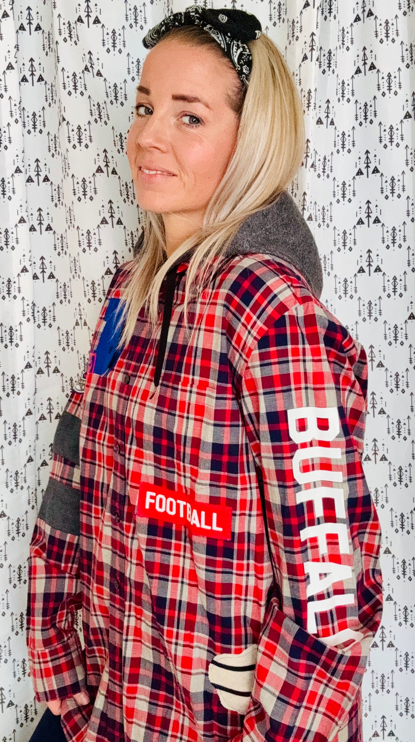 Red, Blue, & Grey Plaid Hooded Buffalo Football Button Down Size- Unisex M/L