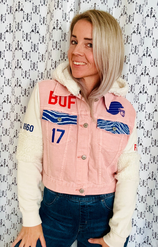 Pinktober pink Denim Buffalo Football Jacket Size- Women's S/M