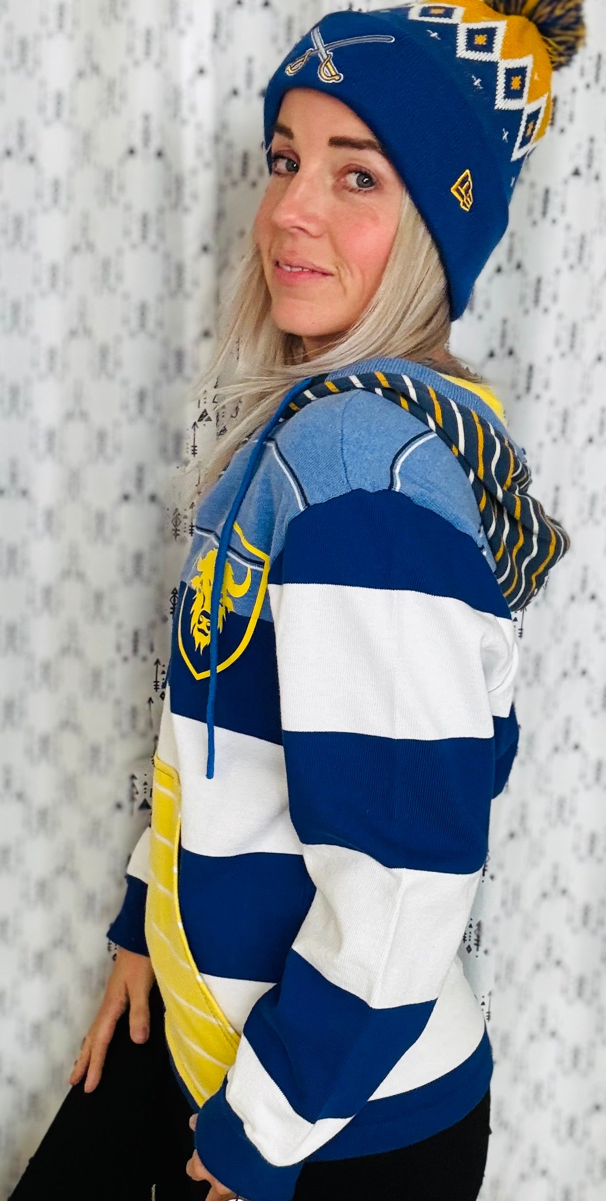 Blue & White Bold Striped Buffalo Hockey Hoodie Size- Unisex X/S