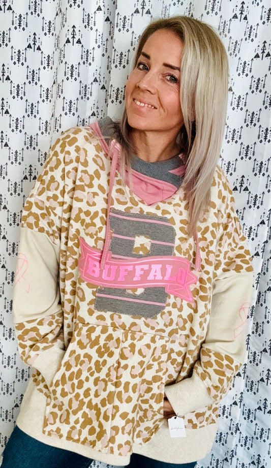 Cream & Pink Leopard Buffalo Hoodie Size- Women’s XL/2X