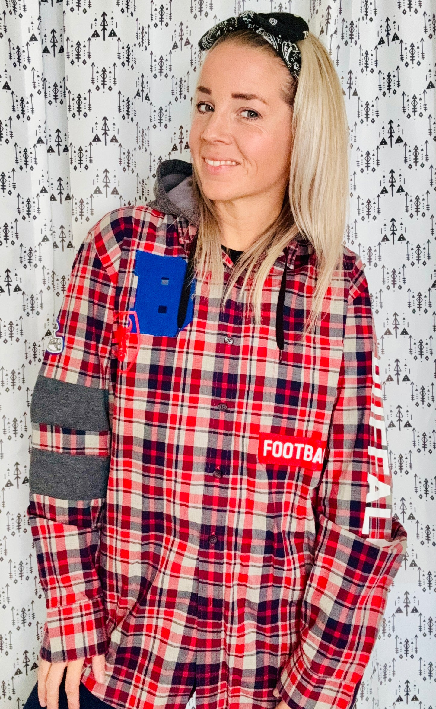 Red, Blue, & Grey Plaid Hooded Buffalo Football Button Down Size- Unisex M/L