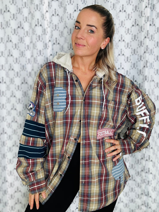 Cream Plaid Hooded Buffalo Football Button Down Size- Unisex XL/2X