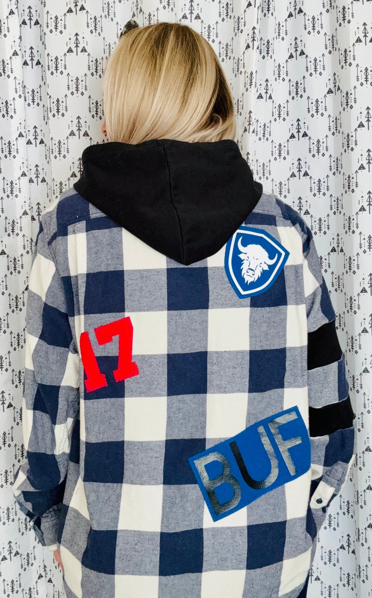 Blue & White Plaid Hooded Buffalo Football Button Down Size- Unisex M/L