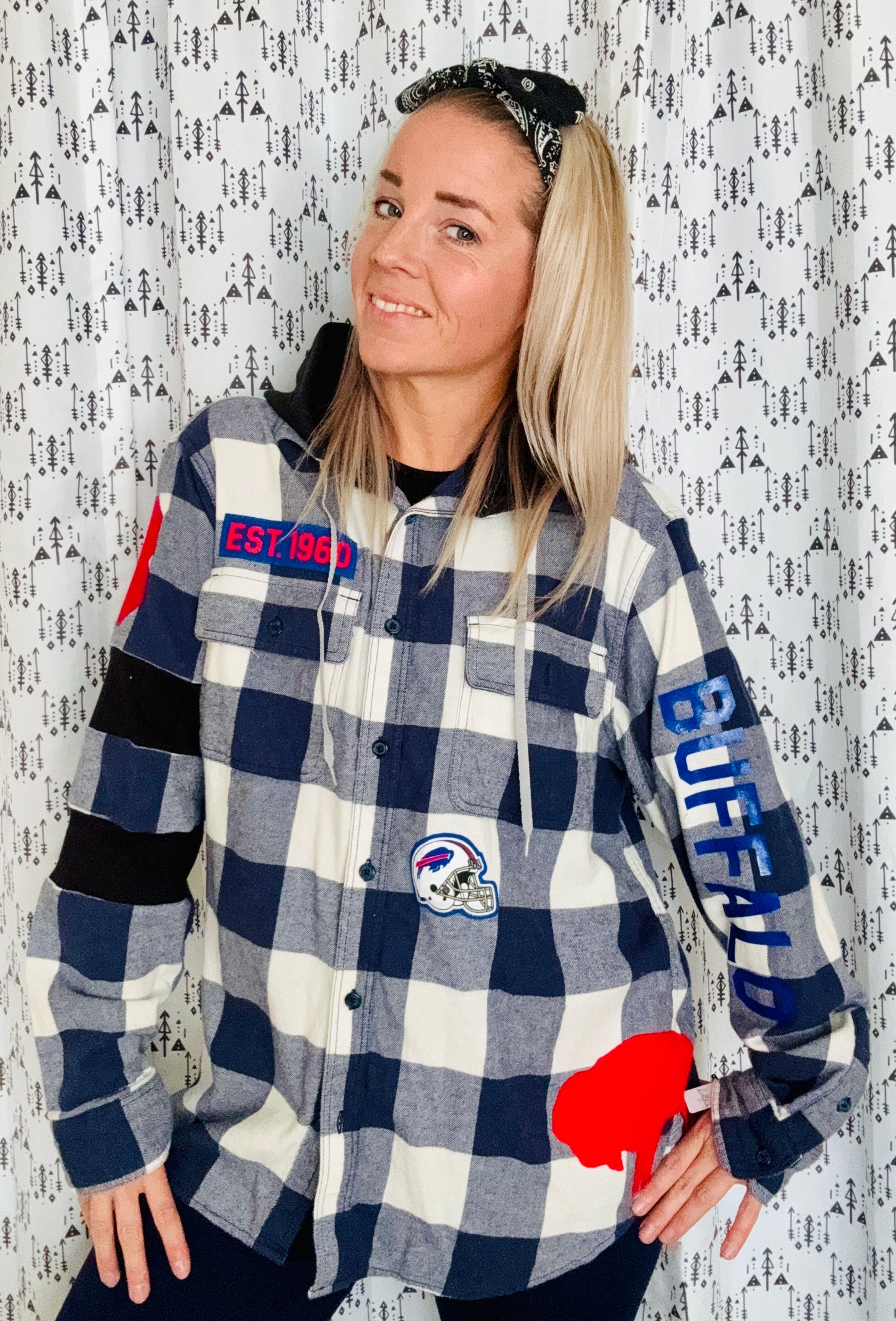 Blue & White Plaid Hooded Buffalo Football Button Down Size- Unisex M/L