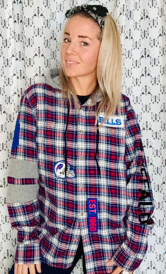 R/W/B Plaid Hooded Buffalo Football Button Down Size- Unisex S/M