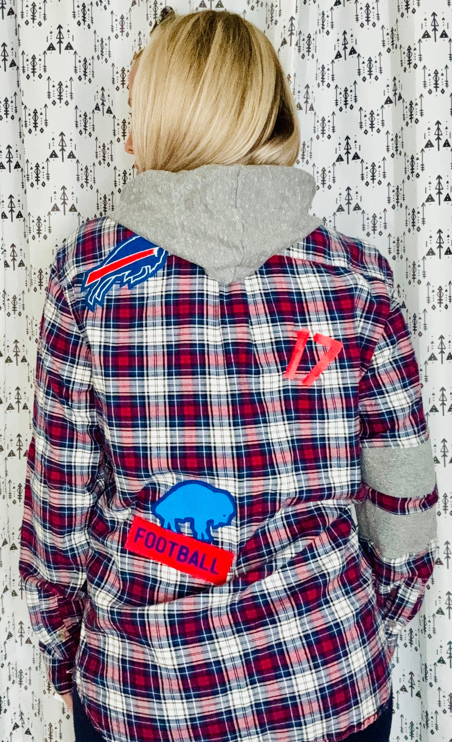 R/W/B Plaid Hooded Buffalo Football Button Down Size- Unisex S/M