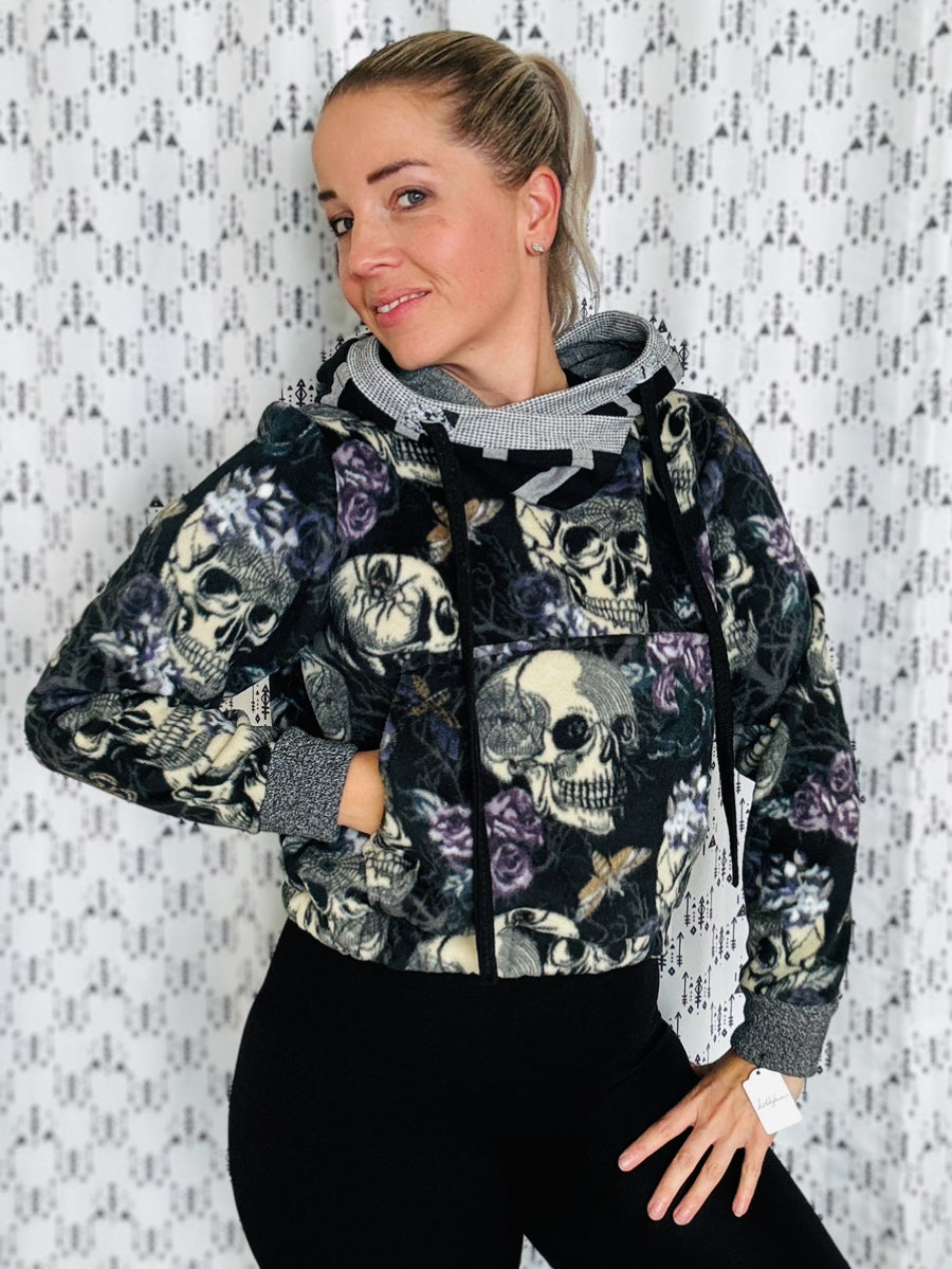 Skulls & Flowers Fleece Crop Hoodie Size- Women’s M/L