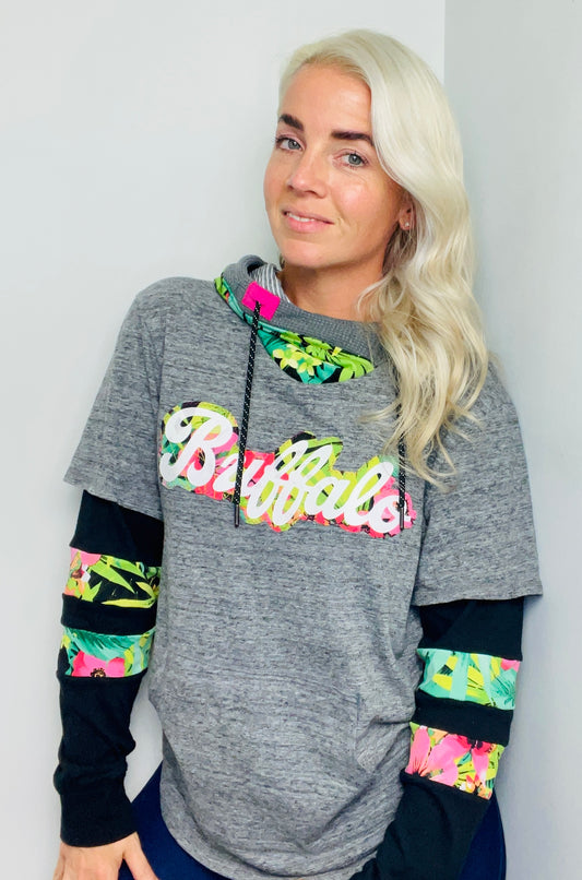 Grey Multi-Color Hawaiian Buffalo Hoodie Size- Unisex S/M