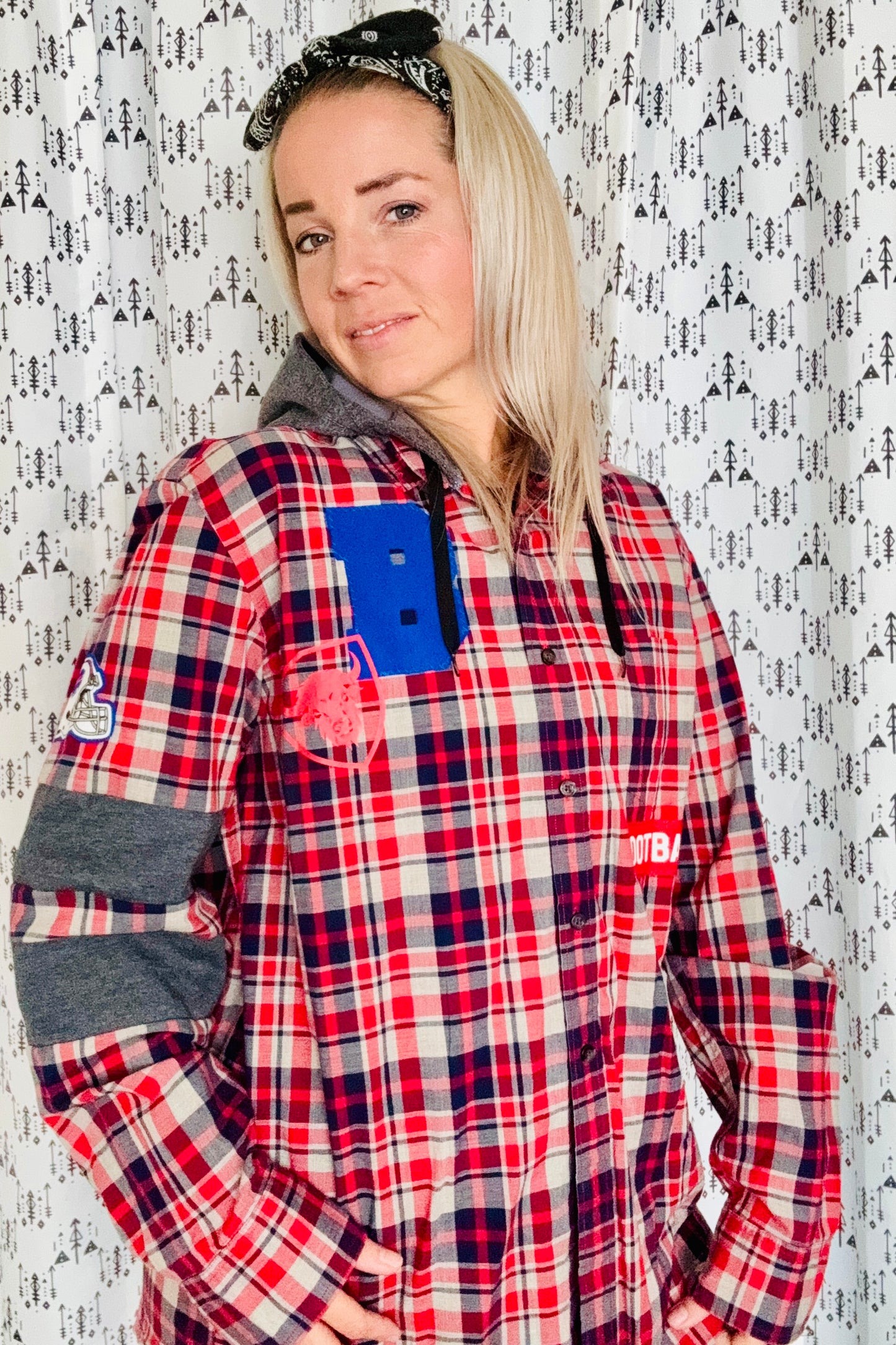 Red, Blue, & Grey Plaid Hooded Buffalo Football Button Down Size- Unisex M/L