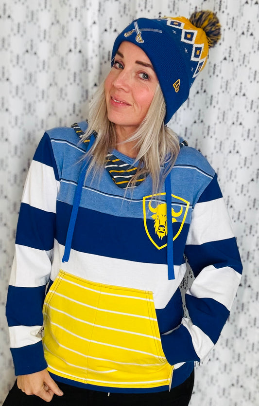 Blue & White Bold Striped Buffalo Hockey Hoodie Size- Unisex X/S