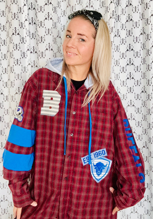 Red Plaid Hooded Buffalo Football Button Down Size- Unisex XL/2X