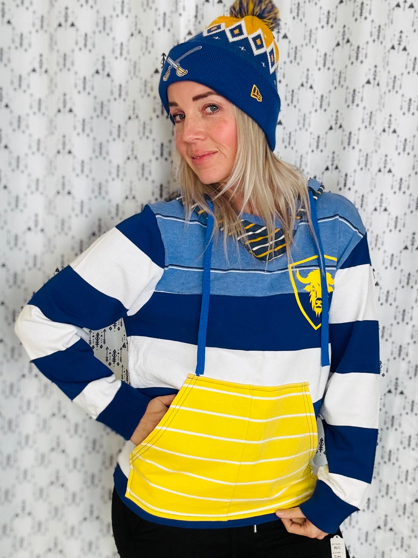 Blue & White Bold Striped Buffalo Hockey Hoodie Size- Unisex X/S