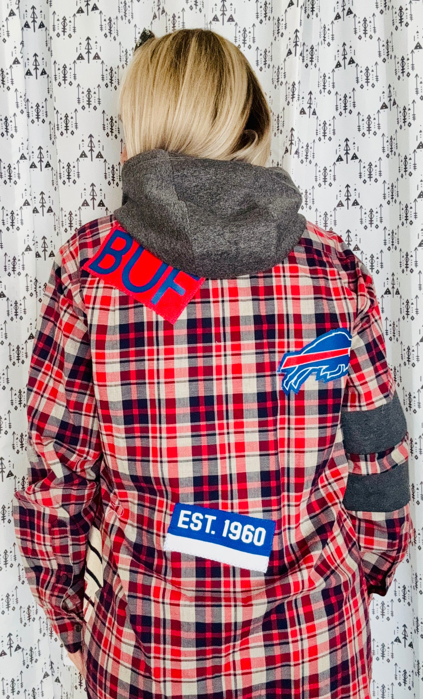 Red, Blue, & Grey Plaid Hooded Buffalo Football Button Down Size- Unisex M/L