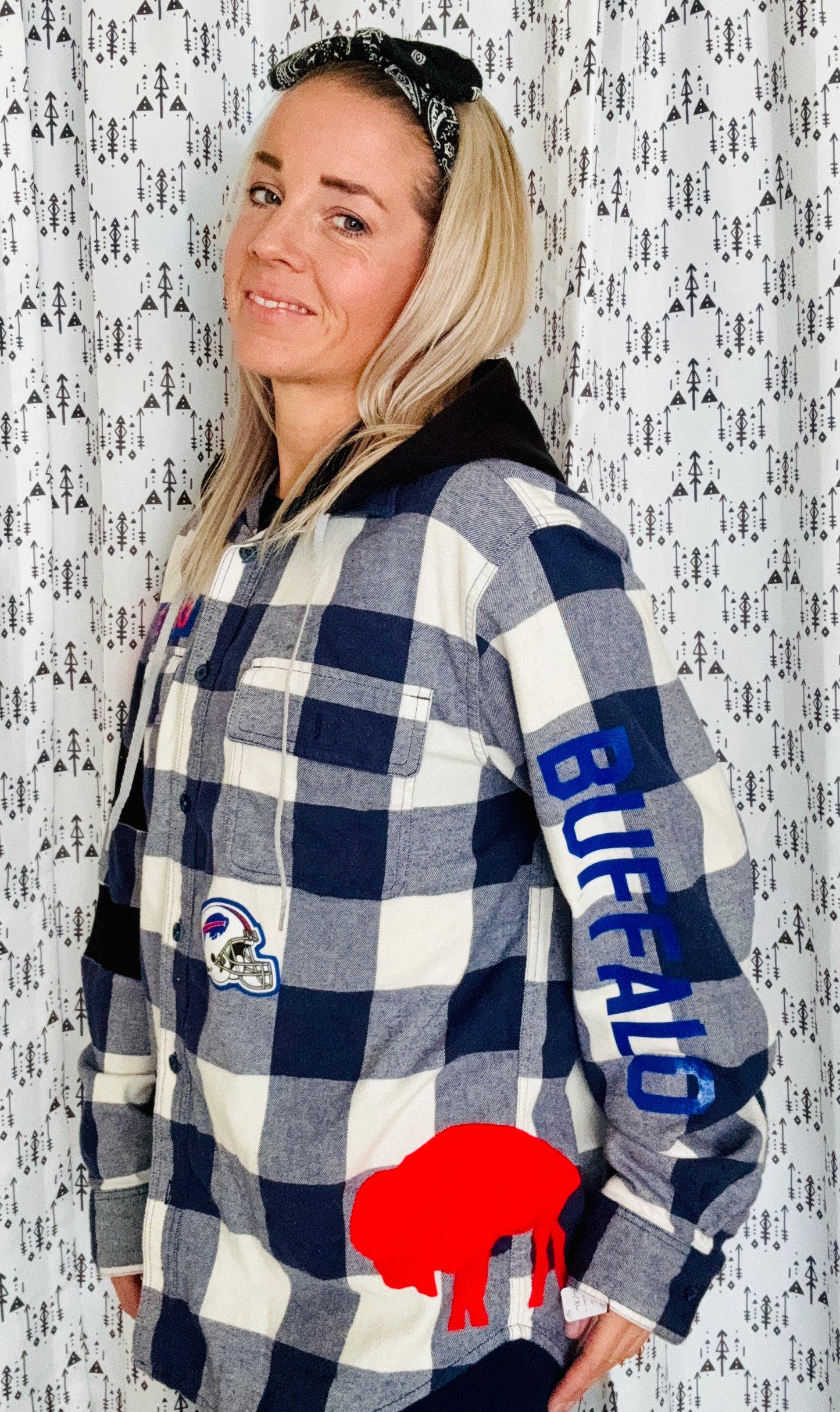 Blue & White Plaid Hooded Buffalo Football Button Down Size- Unisex M/L