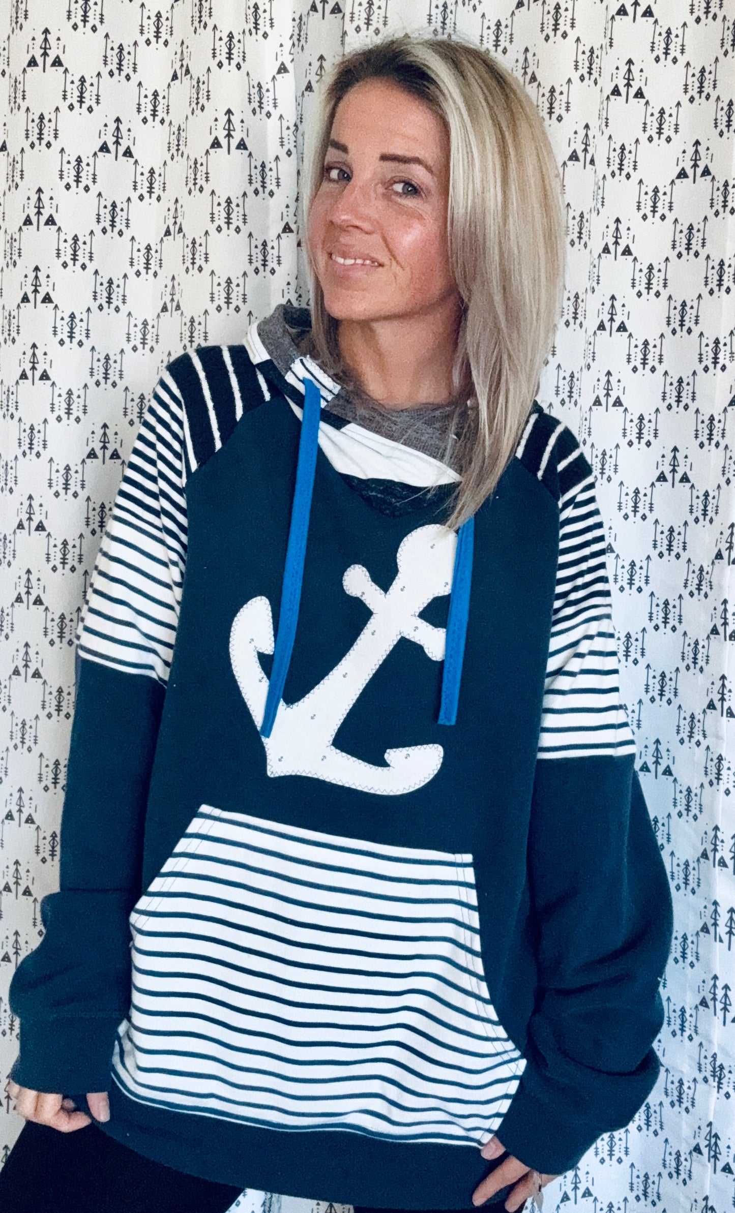 Navy Nautical Stripes & Anchor Hoodie Size XL/2X