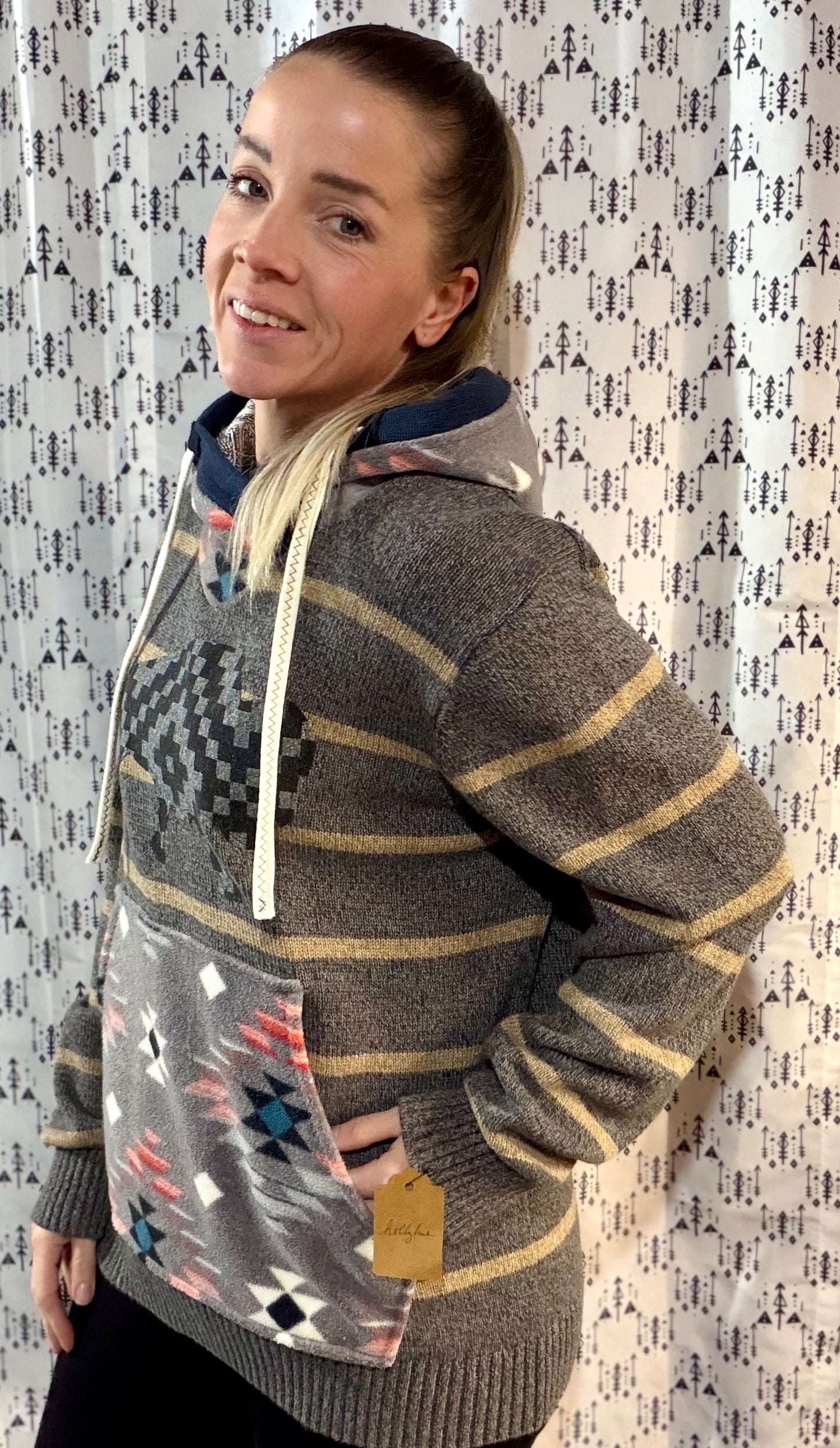 Striped Aztec Buffalo Sweater Hoodie Size- Unisex M/L