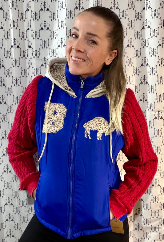 Blue Leopard Buffalo #17 Puffy Jacket Hoodie Size- Women's M/L