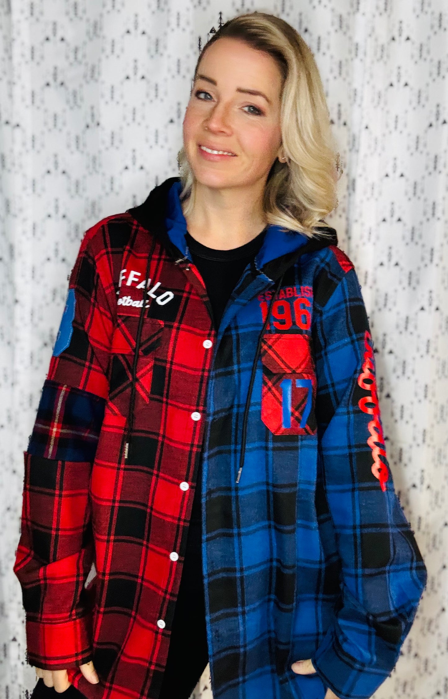 Red & Blue Buffalo Check Hooded Football Button-Up Flannel Size- Unisex L/XL