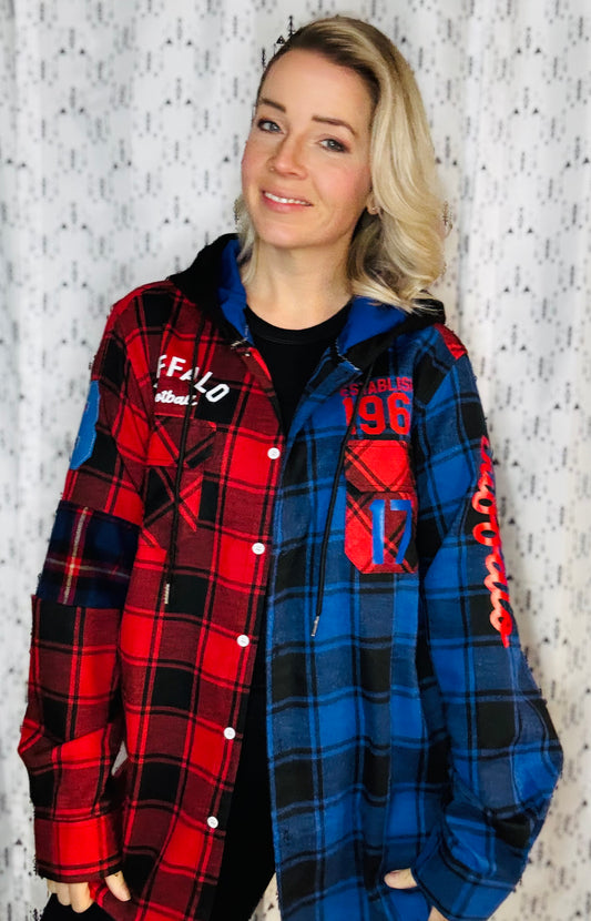 Red & Blue Buffalo Check Hooded Football Button-Up Flannel Size- Unisex L/XL